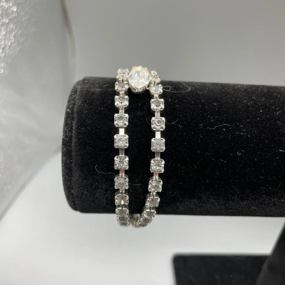 Vintage Double Strand Rhinestone Tennis Bracelet Marquise Center Silver Tone 7in